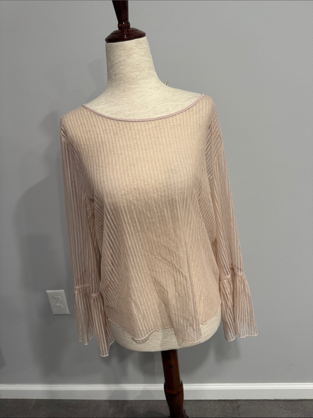 Babaton Blush Pink Ribbed See Through Bell Sleeve Top Large